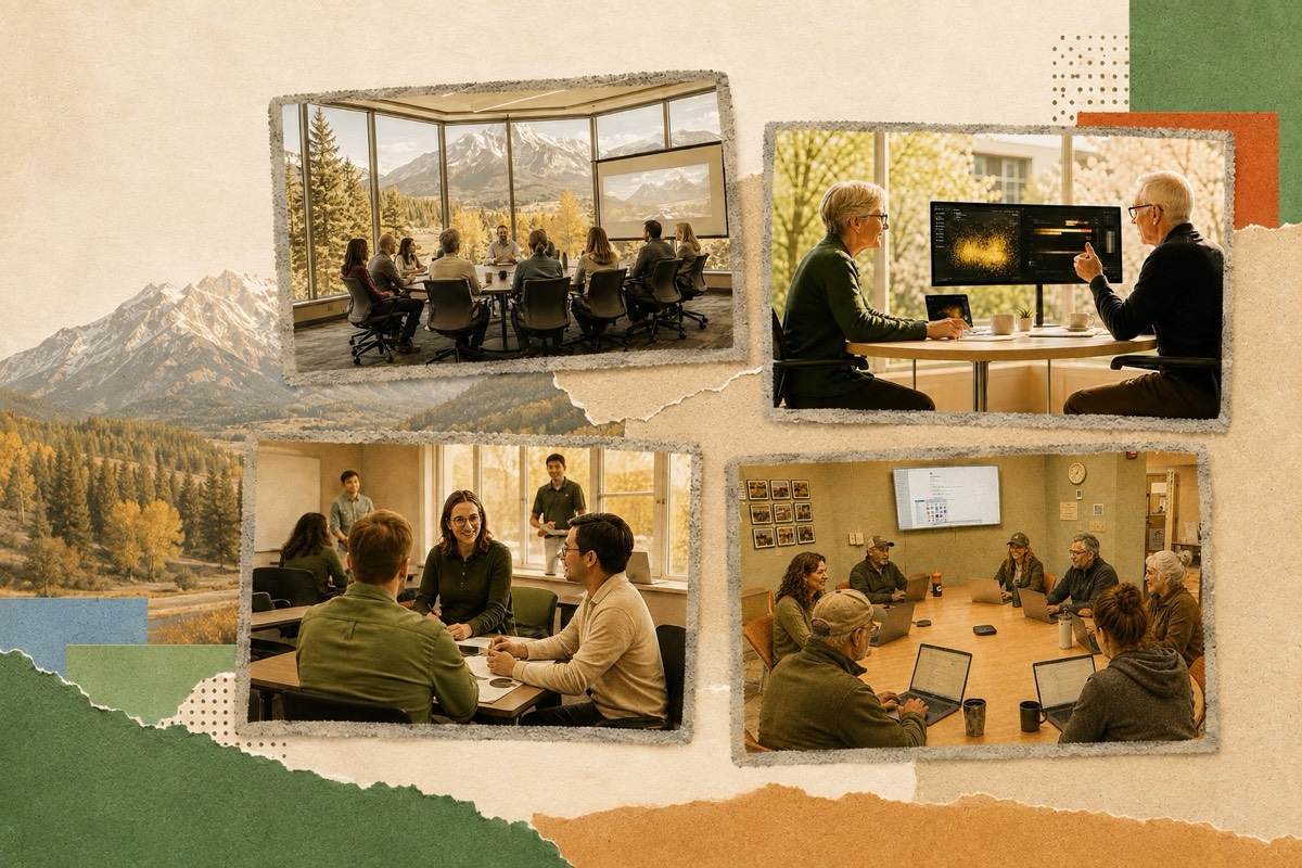 Collage of Sopris.ai training sessions — a boardroom presentation, a one-on-one consulting session, a small group workshop, and a team meeting — set against Roaring Fork Valley mountain scenery