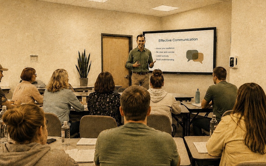 A teacher presenting an Effective Communication slide to Roaring Fork High School staff seated at tables with laptops