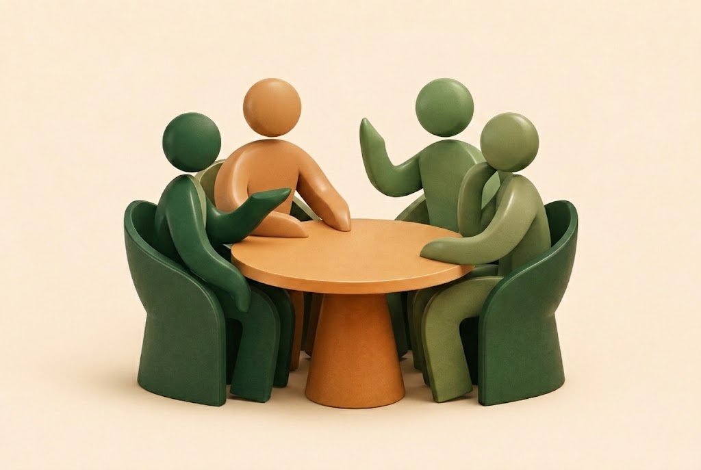 Small group around a table with laptops open